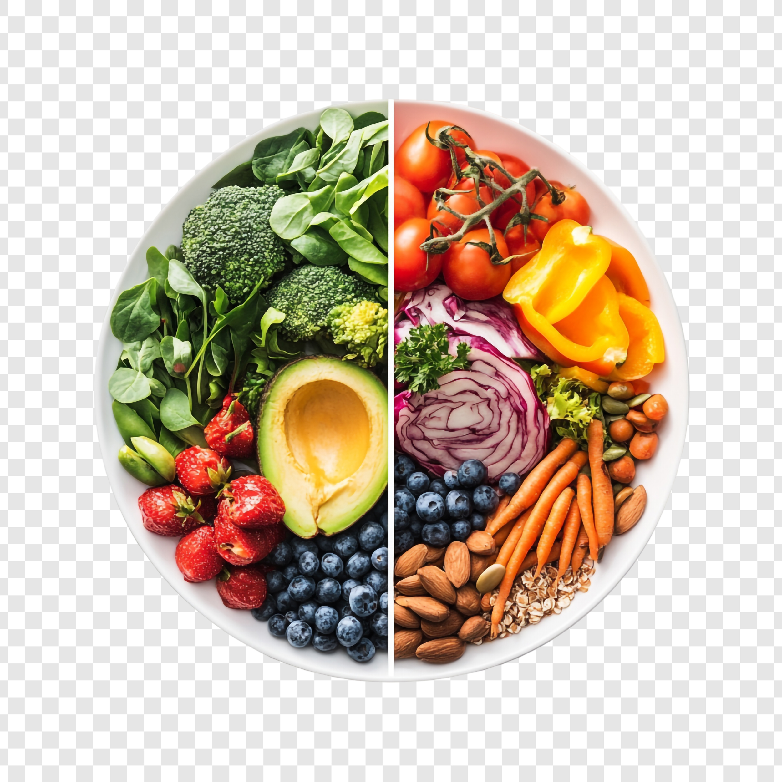 Vibrant Healthy Food Plate: A Balanced Diet of Fruits, Vegetables, and Nuts