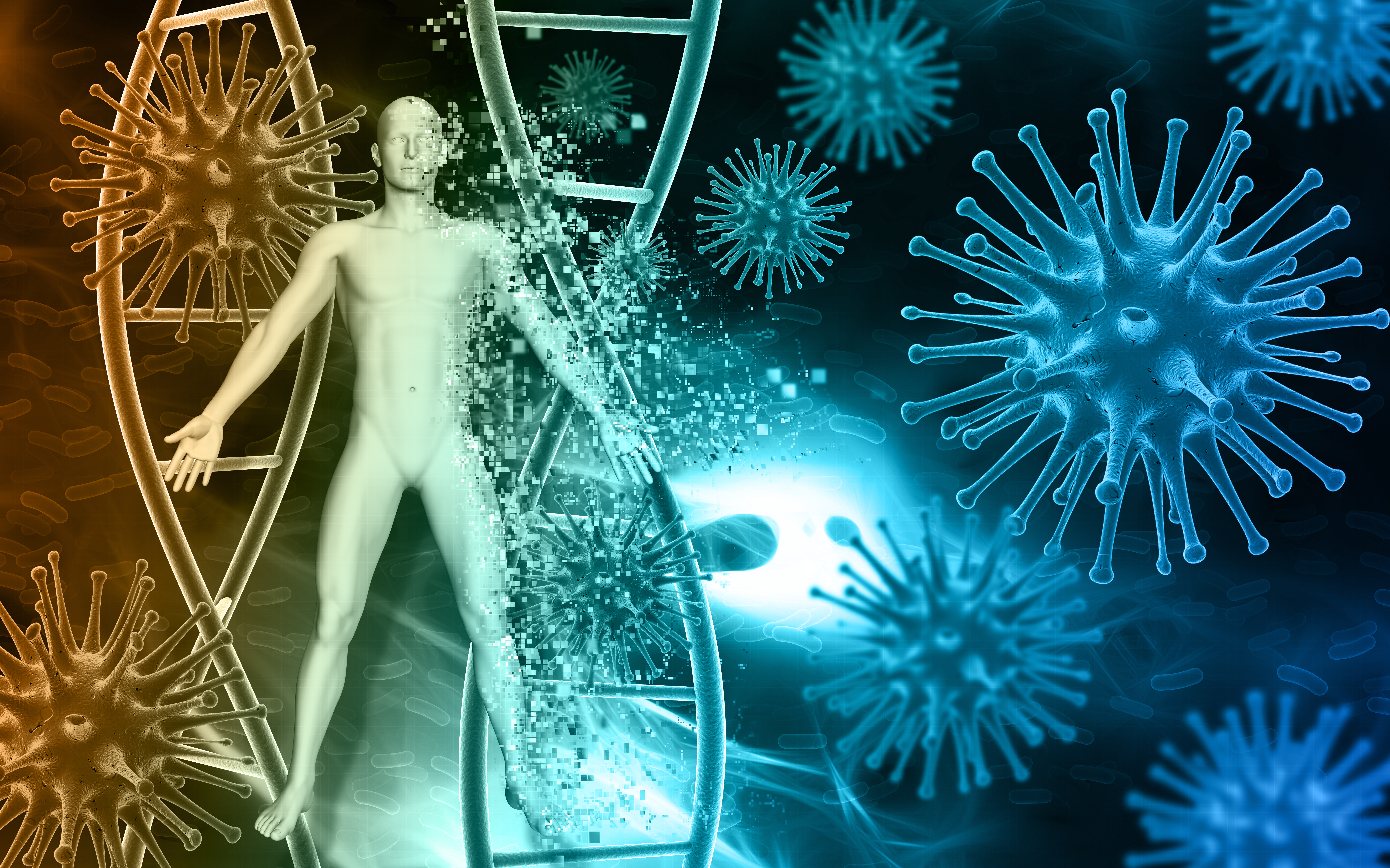 Medical background with 3D virus cells and blood cells and male